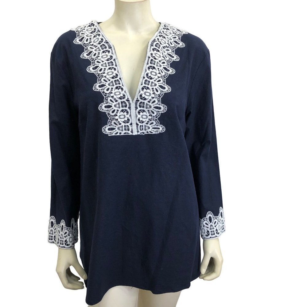 PRESTON & YORK Stretch Linen 3/4 Sleeve Split V-Neck Embroidered Blouse 14 NWT